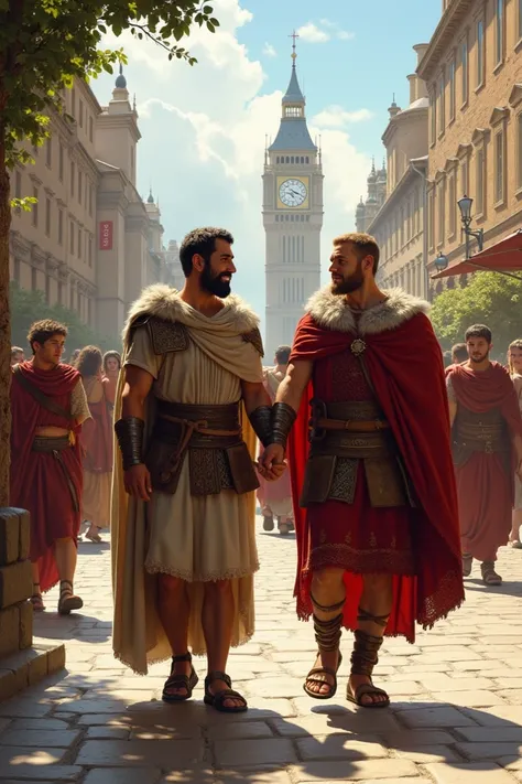 Create an illustration between german tribes and romans walking like friends in london