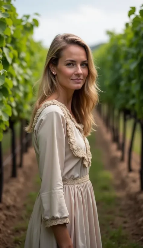 A 38-year-old woman with a calm expression, dressed in a long-sleeved dress, standing in a vineyard with rows of grapevines around her.