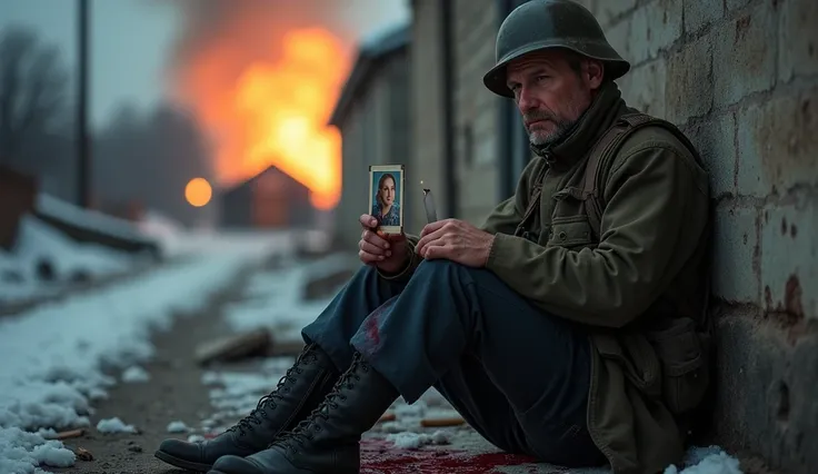 A mortally wounded Russian soldier sits leaning against the wall of a ruined house. He holds a photograph of his beloved wife in his hands. There is no fear in his gaze, only hopelessness. He has resigned himself to his fate and is waiting for his death. H...