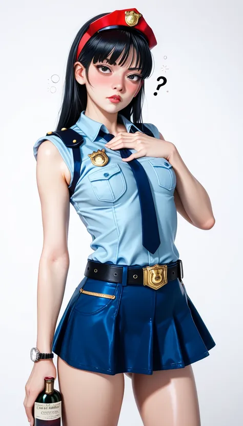  One girl ,Kudo Yukiko from Conan, viewers(Blushed face:1.0),real skin ,small breasts,  Shiny Black Hair  ,  Super Detailed Black Eyes,( Equipped Police Belt :1.2),( watch ),( frontal shot:1.2),24K,(Standing in a sexy pose:1.2),(Drunk:1.2),(Confused:1.0),(...