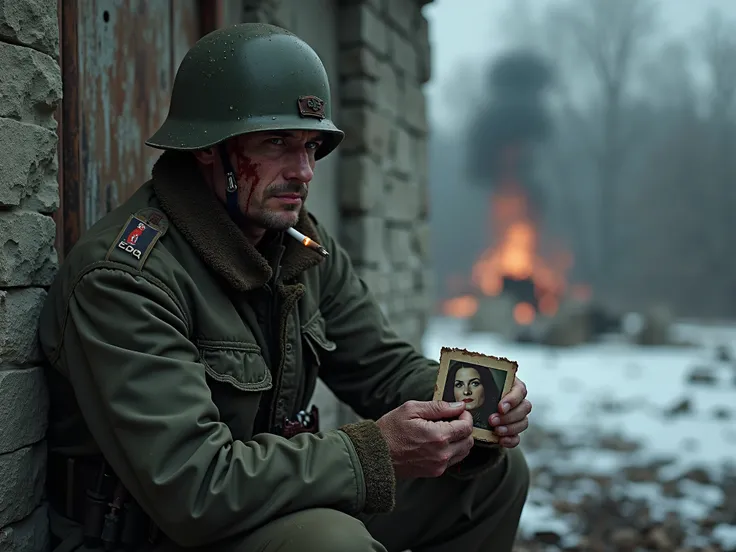 A mortally wounded Russian soldier sits leaning against the wall of a ruined house. He holds a photograph of his beloved wife in his hands. There is no fear in his gaze, only hopelessness. He has resigned himself to his fate and is waiting for his death. H...