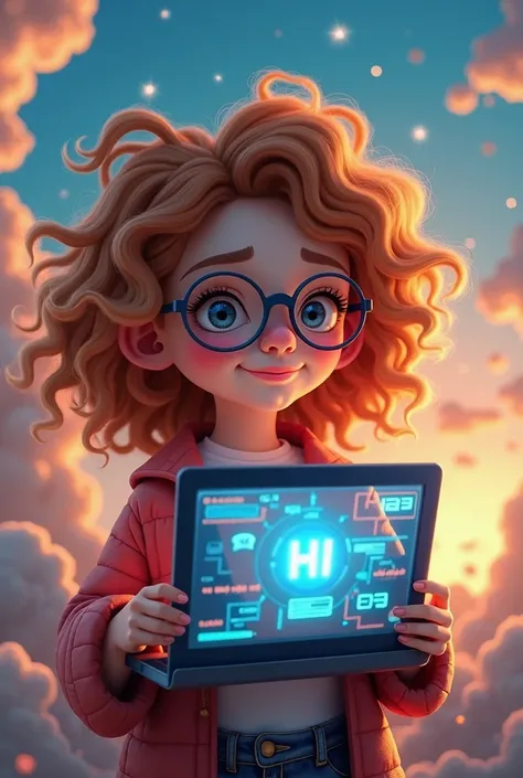 Create a image of girl with curly hair, specs. Image may be unrealistic
