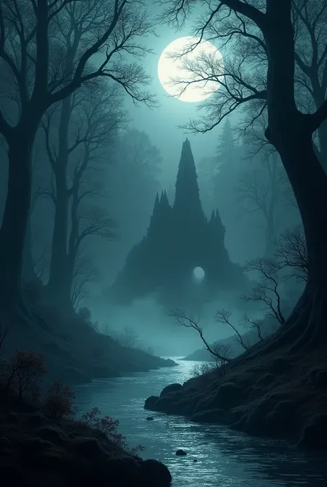 Mysterious forest at night: A dense forest illuminated by soft moonlight. In the distance, a dark cave with a mysterious aura stands near the river.