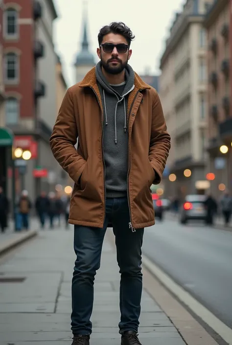 arafed man in a jacket and glasses standing on a sidewalk, brown jacket, wearing jacket, an aviator jacket and jorts, light brown coat, mid shot portrait, shot on sony a 7, edited in photoshop, full body photogenic shot, shot on nikon z9, wearing an aviato...