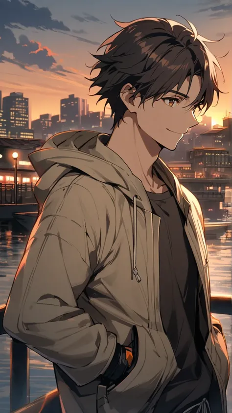 1man，Alone， male focus，dark hair， tall body ， fingertip gloves ， Light Hooded Jacket，Round Neck Shirt ，Brown eyes，Upper body，Smile， double pockets ，City Waterfront ，dusk，Martial artist