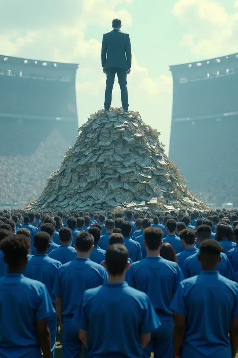 "Create a scene inspired by a large-scale competition, featuring a central figure in a black suit standing confidently atop a pyramid of cash. Surround them with a massive crowd of participants dressed uniformly in blue tracksuits, arranged in an organized...