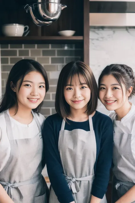  cowboy shot,(Three Beauties:1.7), knit , Japanese, bob hair,Brown Hair,Cat face,Deep-set eyelids,Nose first, soft lips ,Leg slimming ,4K High Resolution,smile,Baby Face,Young face,, Japanese女性,Third daughter ,( kitchen, apron,valley:1.4)、