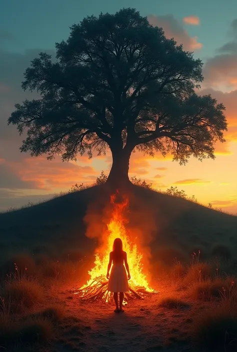 At dusk, a hill on which stands a large oak tree. A large fire burns under the oak tree. In the center of the fire, a red-haired girl is tied to a low pole.теклянные солнцезащитные очки, на которых изображены звезды и луна