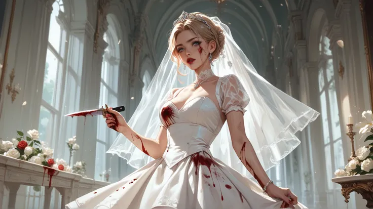 Woman standing in a pure white wedding dress stained with blood。He holds a bloody knife in his right hand。 ecstatic expression 