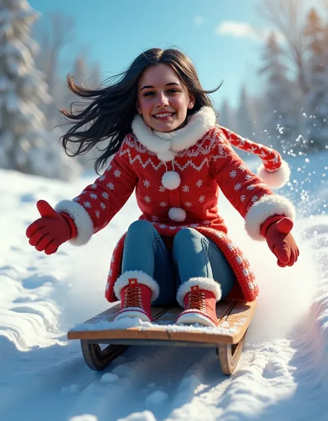 This woman,  dark hair, Exciting, festive clothes , Smiling,  on a sled,  realistic ,  best quality