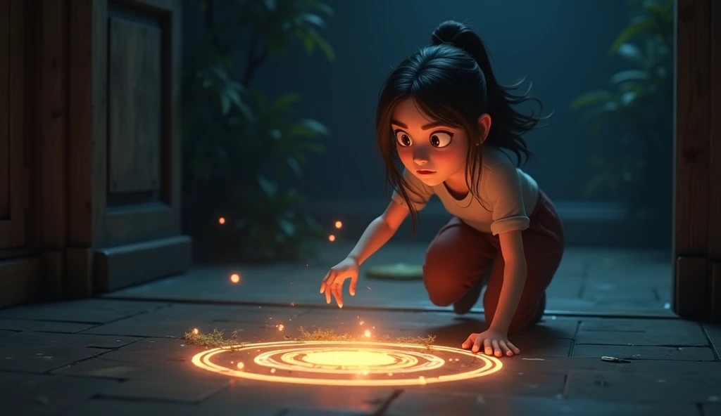 In 3D animation style:The young woman discovering a dark, magical circle glowing faintly on the floor.