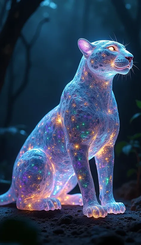 "Create a hyper-realistic image of a jaguar fused with Rainbow Aura Quartz crystal. The jaguar’s body is sleek and powerful, with its natural spotted pattern transformed into glowing, iridescent hues that shimmer in vibrant colors like blue, purple, green,...