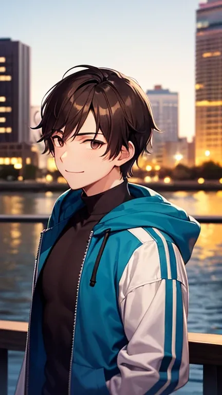 1man，Alone， male focus，dark hair， tall body ， fingertip gloves ， Light Hooded Jacket，Round Neck Shirt ，Brown eyes，Upper body，Smile， double pockets ，City Waterfront ，dusk，Martial artist