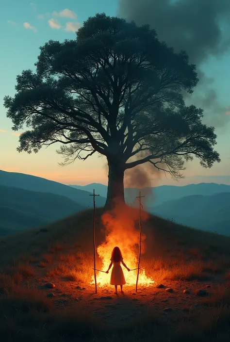 At dusk, a hill on which stands a large oak tree. Under the oak tree, a large fire burns. In the center of the fire, a red-haired woman is tied to a low pole.