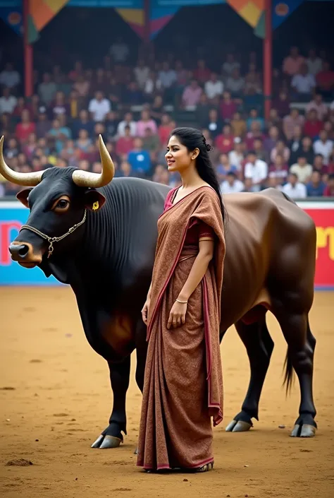 A woman is standing in a show audience area alongside a large bull. The setting is vibrant and lively, with a crowd of spectators visible in the background. The woman is dressed modestly in traditional attire, while the bull stands calmly beside her, its s...