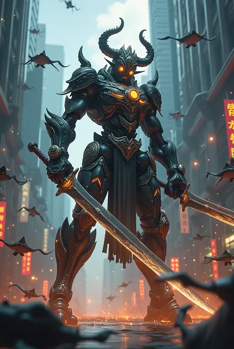 : Demon Lord / Dark Fantasy / Contemporary Thainess Thotsakan, a robot, holds a big sword and attacks stingrays.