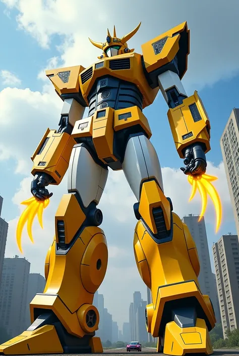 Gigantic and corsal yellow and white female Megazord, with claws made of yellow energy, With more than 448 meters in height, it is taller than the buildings around it.