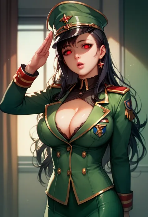 Score_9,Score_8_up,Score_7_up,detailed CG illustration,high res,Solo Beautiful woman,expression less,looking at viewer,salute,chestnut mouth,posing,(large breast:1.15),cleavage,red eyes,empty eyes,spread legs,haigure pose,(black long hair),hypnosis,millita...