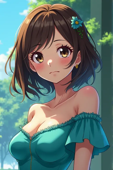 Create a female anime character with shoulder-length brown hair and beautiful bangs, white skin, beautiful light brown eyes and curly eyelashes, a high nose, beautifully shaped lips. Wearing turquoise colored clothes. Set in the anime One Piece, using the ...