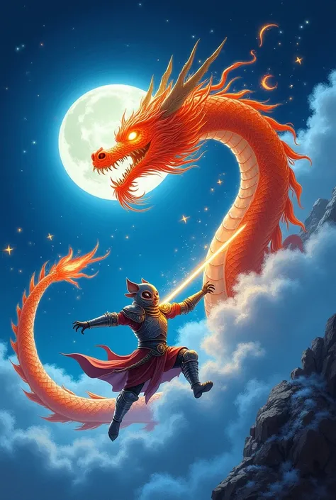 Drawing of an oriental fire dragon flying majestically in the blue moonlit night sky, a strong wind blowing around the dragon creating a powerful combination, a beam of light in the shape of a warrior fighting the oriental water dragon, a two-legged pig we...