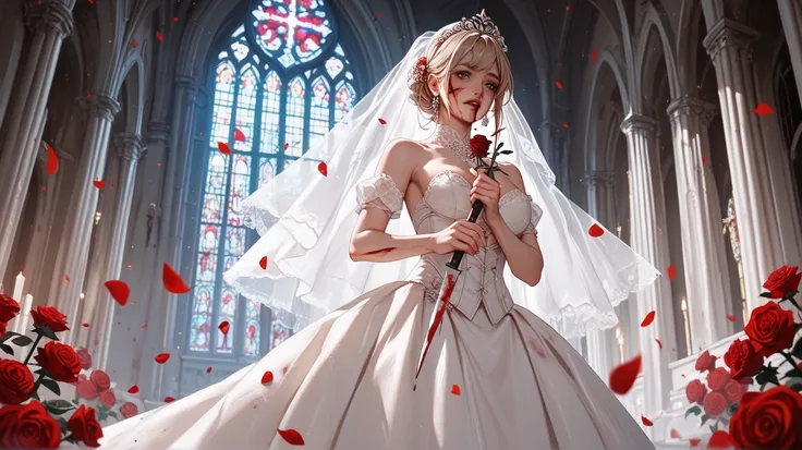  Woman Standing Alone in a Bloody, Pure White Wedding Dress。Hes clutching a bloody knife in his right hand。 ecstatic expression 。 church。Fluttering Red Rose Petals 