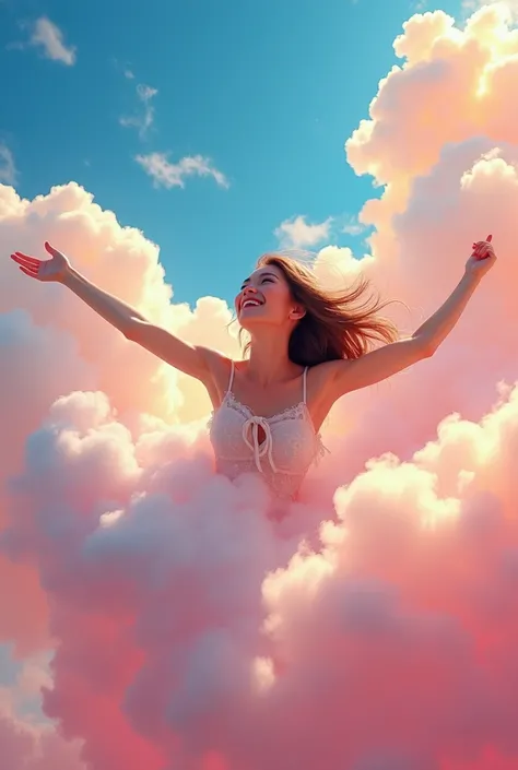  woman happy on a cloud. Strong bright colors 