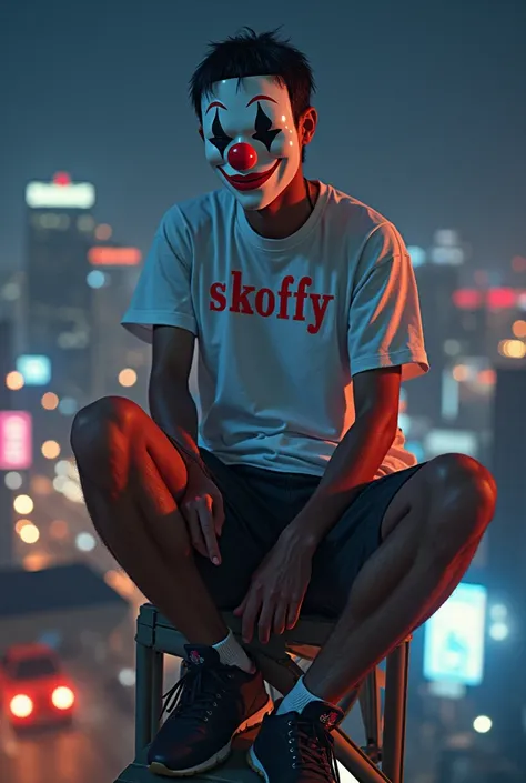 We create a young guy of about 23 years old with a white clown mask, black short hair in a white T-shirt, and with red inscriptions "Skoffy" and short shorts, he sits on a crane, night Location Los Santos, in the style of GTA 5