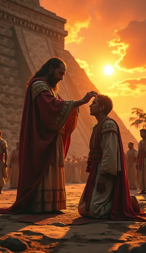 Acatl kneels before the temple, with a high priest placing a sacred golden disk on his forehead. The background features the grand stone temple, with the sky aglow in fiery orange as Tonatiuh blesses him. Hyper-realistic, photo realism, cinematography.