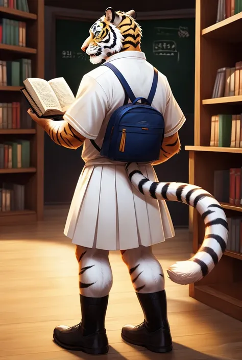 Create an image of a white tiger wearing a school uniform, standing with his back turned, picking up a book.