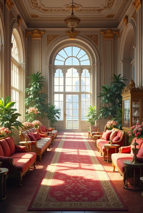 Realistic many luxury furnitures in a big hall with flowers or glass covered 