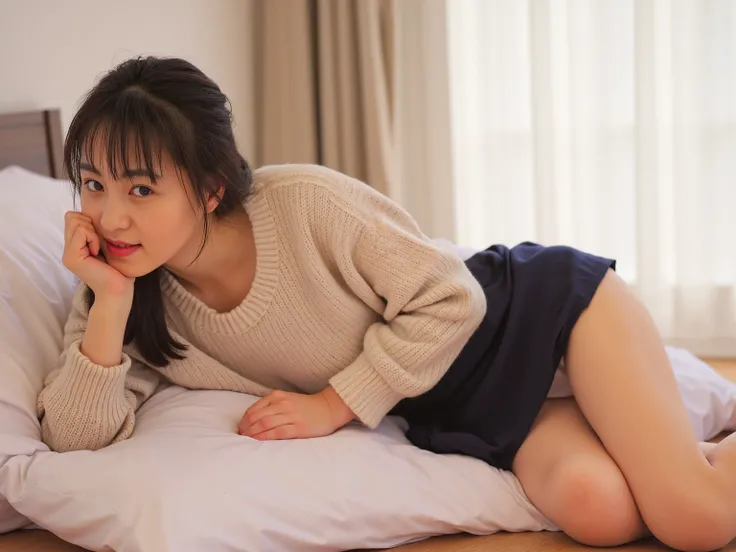 Mika, 1girl, solo, perfectly focused, best focus, realistic skin texture, masterpiece, highest quality, photorealistic, (sweater, navy blue skirt, panty shot, sexy panties, small panties, lying on the bed, on side), view from the bottom