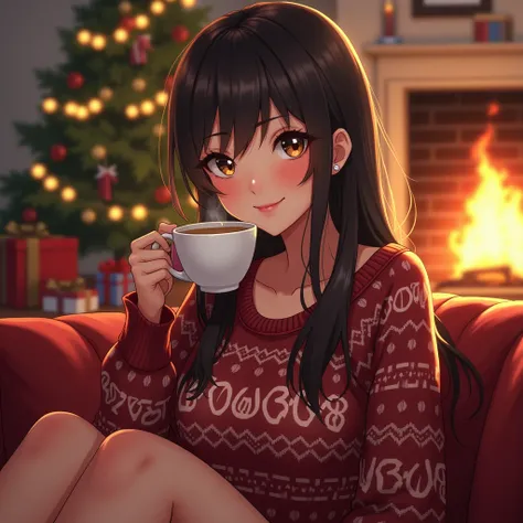 A beautiful and sexy woman with beautiful eyes:1.2, detailed eyes, beautiful full lips, very detailed eyes and face, long eyelashes, sweet expression, smile, sitting:1.4, holding a cup of hot latte, background simple, Christmas sweaters, fireplace, warm li...