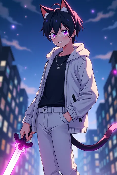 Cute and handsome anime boy, black hair with bright purple eyes, wearing a white jacket, black t-shirt, white pants and white shoes. He has cat ears and clear glasses, grinning with his cute little fangs, against the backdrop of a beautiful night city. He ...