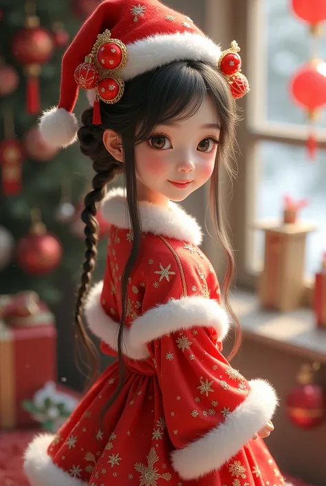 An oriental girl ， headwear Christmas hat ， wearing a Christmas costume and a Christmas mini skirt