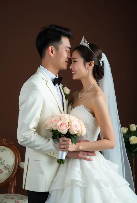 A bride and groom, positioned in the center of the image, are embracing. The bride, of Asian ethnicity and appears to be in her late teens or early twenties, wears a white wedding gown adorned with ruffles and a veil. She has a tiara, a necklace, and a bou...