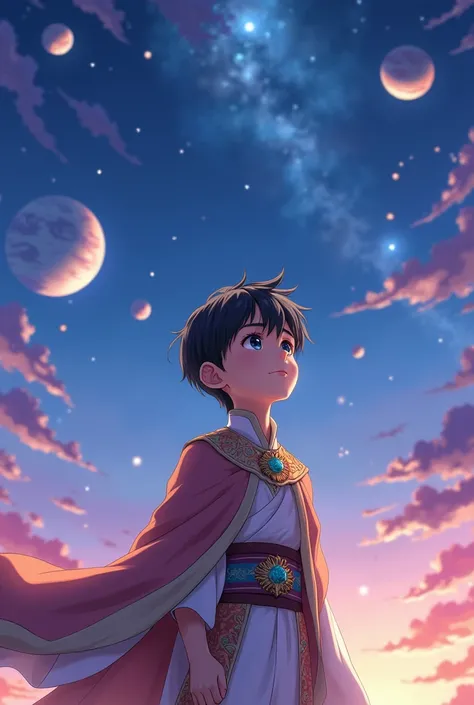 An animated anime picture of a boy wearing a stole and brought clothes. The sky is beautiful and the planets are around him 