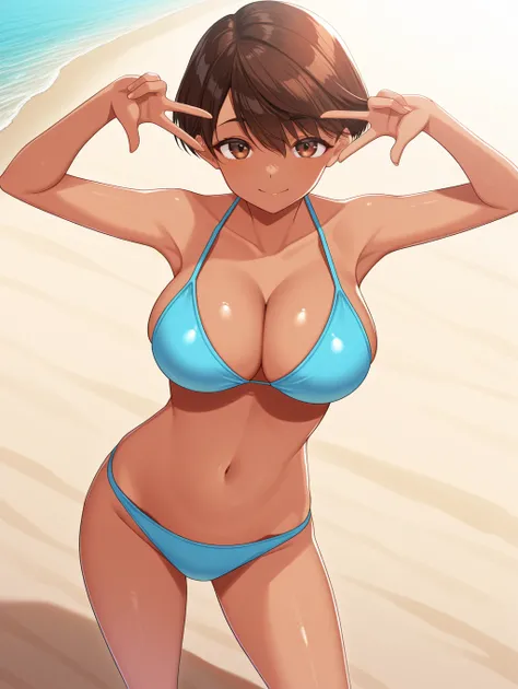 And omizuki,  brown eyes,  Shorthair,  dark-skinned woman,  One girl , Alone,  Beach ,  bikini,  pose, v,, masterpiece,  top quality ,Big Breasts(1.6)