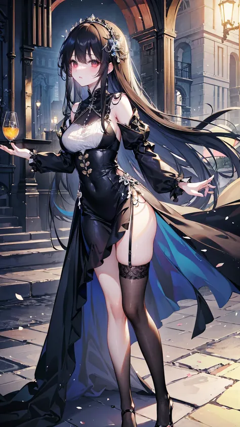  ultra-realistic，8K , CG,  flawless,  Back to the city  ，    Lovely expression    ,   intricate details  ,  Long black hair ， Beautiful legs of a girl in a chiffon gothic dress and stockings,     are of the best quality  , 真实照片