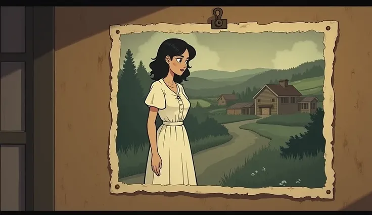 ""An old, faded photograph of a young woman in a white dress, pinned on a bulletin board, with a ghostly aura around her. The background shows a rural village, hinting at a tragic story from the past cartoon style."