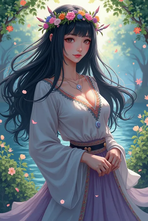  draw marusa churai dark hair,  wreath on the head with colored laces ,  skirt and embroidered sweater and necklace , on the background there is a river or field  