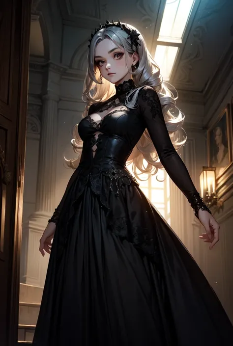 A girl with light and long curly aburn hair, dark brown eyes witg heavy gothic eyeliner on, in a long black dress that shows cleavledge, lots of silver jewelry.