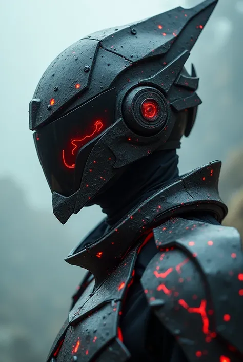 Closed up photography,the cyber shinobi, cybercore high society creature, super intricate shinobi armor, the faceless head detail, secret project cyber shinobi armor,cyber tech skin armor, unusual triangle shape helmet, light moody misty cloud background, ...