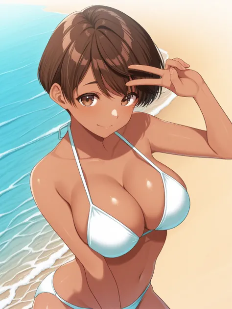 And omizuki,  brown eyes,  Shorthair,  dark-skinned woman,  One girl , Alone,  Beach ,  bikini,  pose, v,, masterpiece,  top quality ,Big Breasts(1.8)