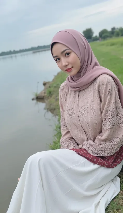 A woman wearing a hijab, a luxurious, loose-fitting, patterned abaya with wide guipure sleeves, a white skirt, and a patterned shawl with large breasts, sitting on the ground by the river, looking at the camera, from the side, from a close-up, cloudy weath...