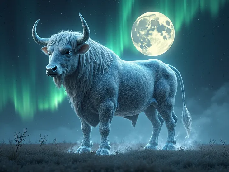 Taurus (The Bull)
"A celestial bull composed of shimmering silver constellations, its body blending with green and blue auroras, standing in a starry field under a glowing full moon."