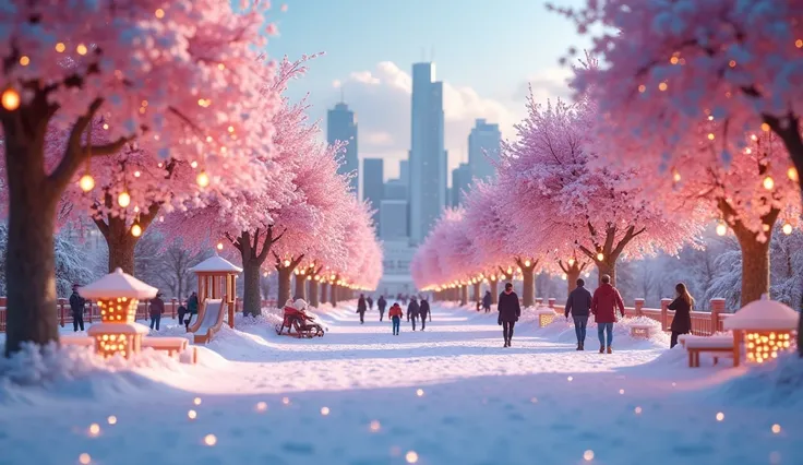 3D rendering style. Snowy park in the city scape is decorated with fairy lights, ornaments, Christmas decorations for Christmas holliday. cherry blossom trees with leaves falling down. Sparkling. Clear sky. in the evening. People walking or playing. Decora...