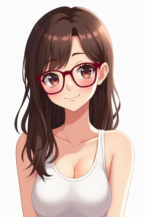  me with a burgundy thin glasses ,  hair brown long ,  whose front hair is shorter than the others , nose a little big ,  eyes with almond but not too big background is white .  Draw a girl with a white bodysuit on top but only the shoulder of the outfit 