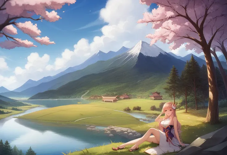 Beautiful view of the mountains with lake and mountains in the background, Pictures inspired by Munechika Kisaragi,  with a group of bao trees in the field by Pexel contest winner ,  View of a pond reflecting Japans nature , Spectacular backdrop, Landscape...