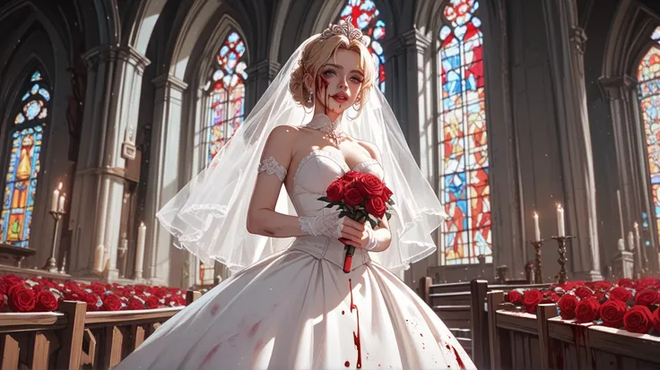 Blonde woman standing alone in a pure white wedding dress stained with blood。Hes clutching a bloody knife in his right hand。Holding a bright red rose in your left hand 。 ecstatic expression 。 church。