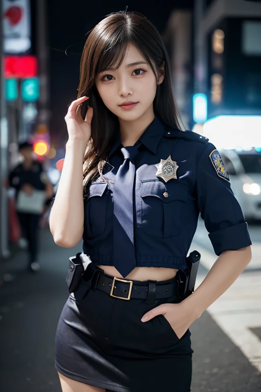 Pure 18 year old girl 、((Japanese police officer, sexy cop uniform ,  skirt,  cute and elegant,  Dramatic Poses)),smile, Night City Background, shortcuts、 RAW photo, (8k、 top quality 、masterpiece:1.2)、( complicated details:1.4)、( Photorealistic :1.4)、 octa...